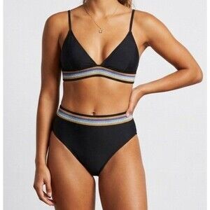 Aimage Bikini Womens XL 2pc Triangle Top Hi Cut Bottoms Banded Black Beach New